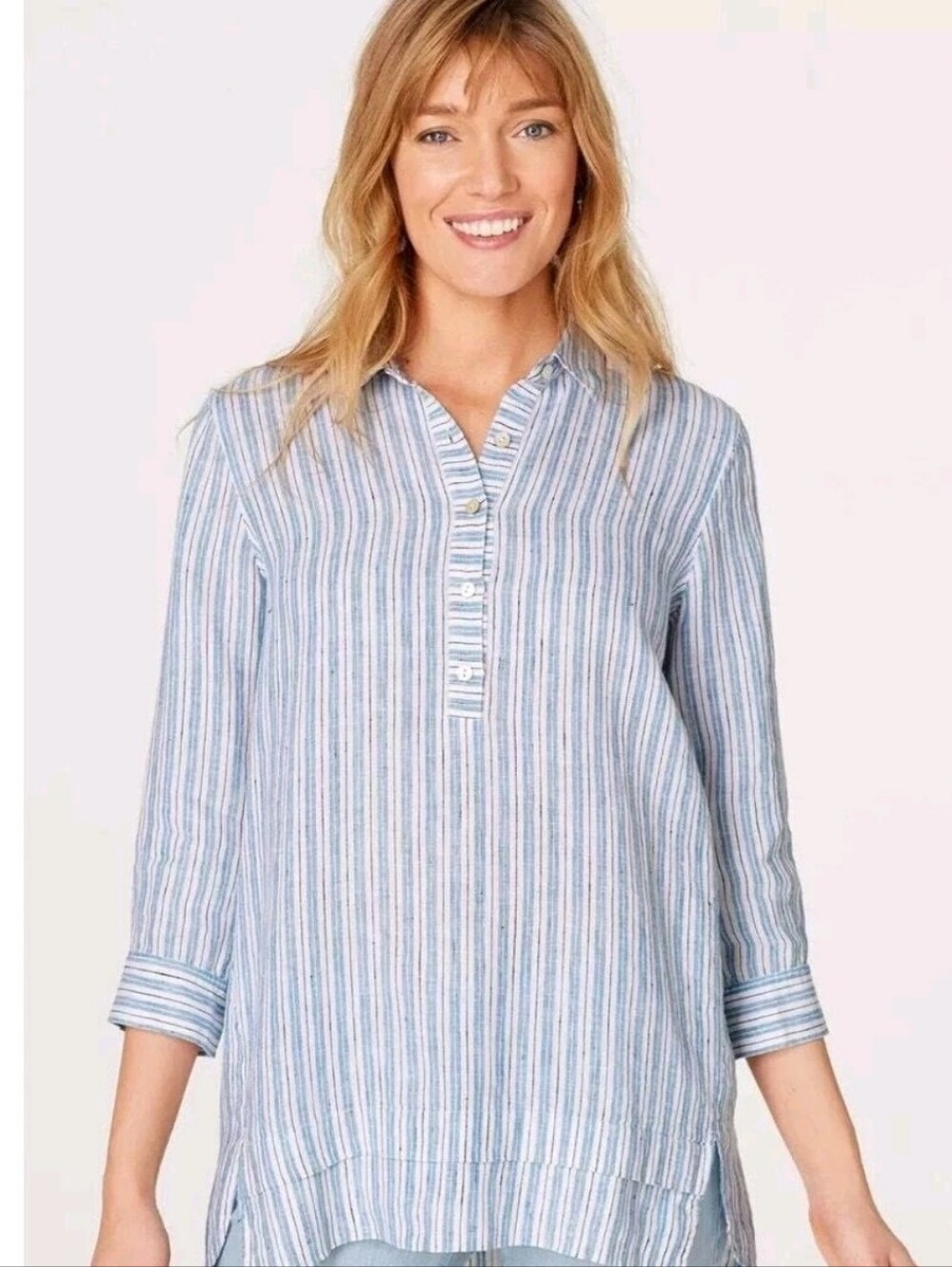 J. Jill Love Linen Tunic Top Sz Lg Blue White Striped Popover 100% Linen Coastal